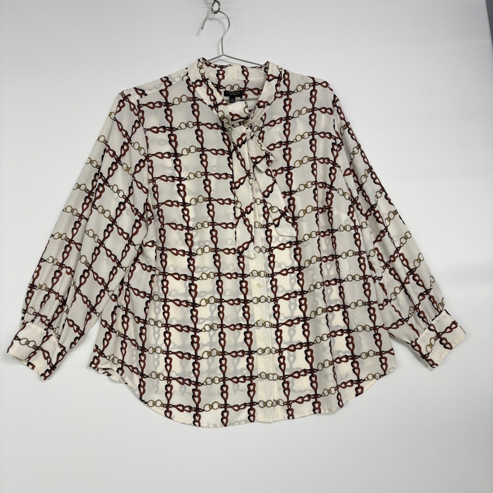 Talbots Womens Blouse 2XP Ivory Brown Chain Link Tie Neck Long Sleeve Button Up